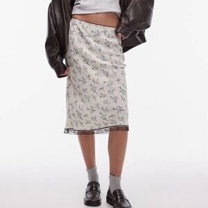 Floral Satin Midi Slip Skirt